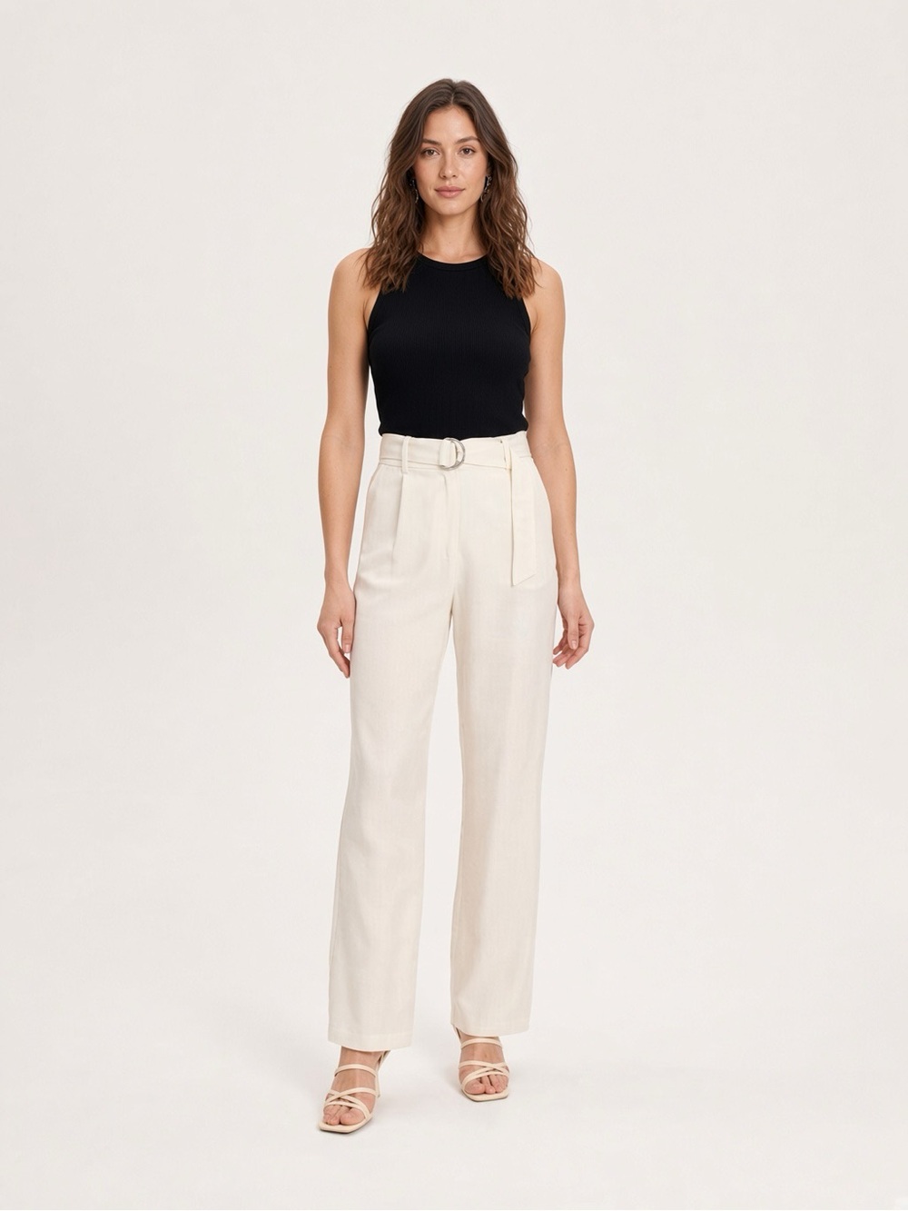 Reserved Cream High-Waist Belted Wide-Leg Trousers